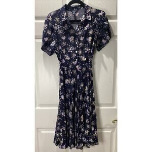 Chaps Ralph Lauren Women Size L Blue Floral Dress Belted Sundress Short Sleeve